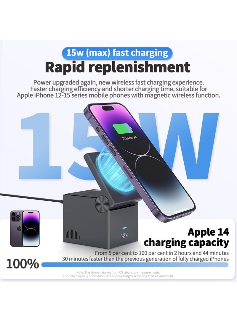 XO - XO 3-in-1 Cube Compatible with MagSafe 15W Fast Charging Foldable Wireless Charger Station Compatible with iPhone 15/14/13 Apple Watch 1-8/Ultra AirPods Pro Magnetic wireless charger (CX027) - Image 1
