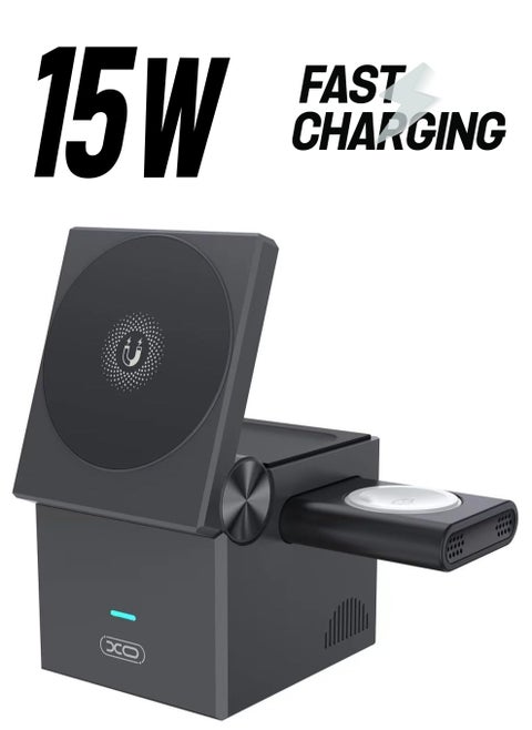 XO 3-in-1 Cube Compatible with MagSafe 15W Fast Charging Foldable Wireless Charger Station Compatible with iPhone 15/14/13 Apple Watch 1-8/Ultra AirPods Pro Magnetic wireless charger (CX027)