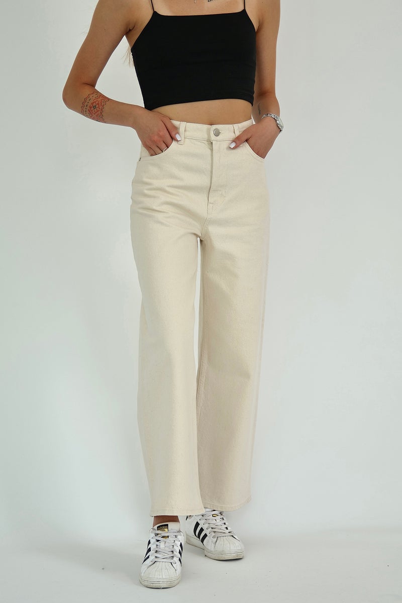 trendyol Ecru High Waist Ankle Length Culotte 100% Cotton Jeans - Image 5