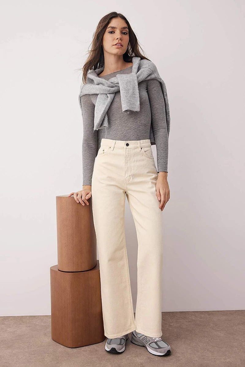 trendyol Ecru High Waist Ankle Length Culotte 100% Cotton Jeans - Image 2