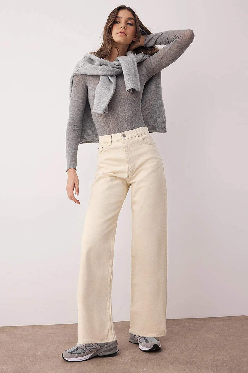 trendyol Ecru High Waist Ankle Length Culotte 100% Cotton Jeans - Image 1