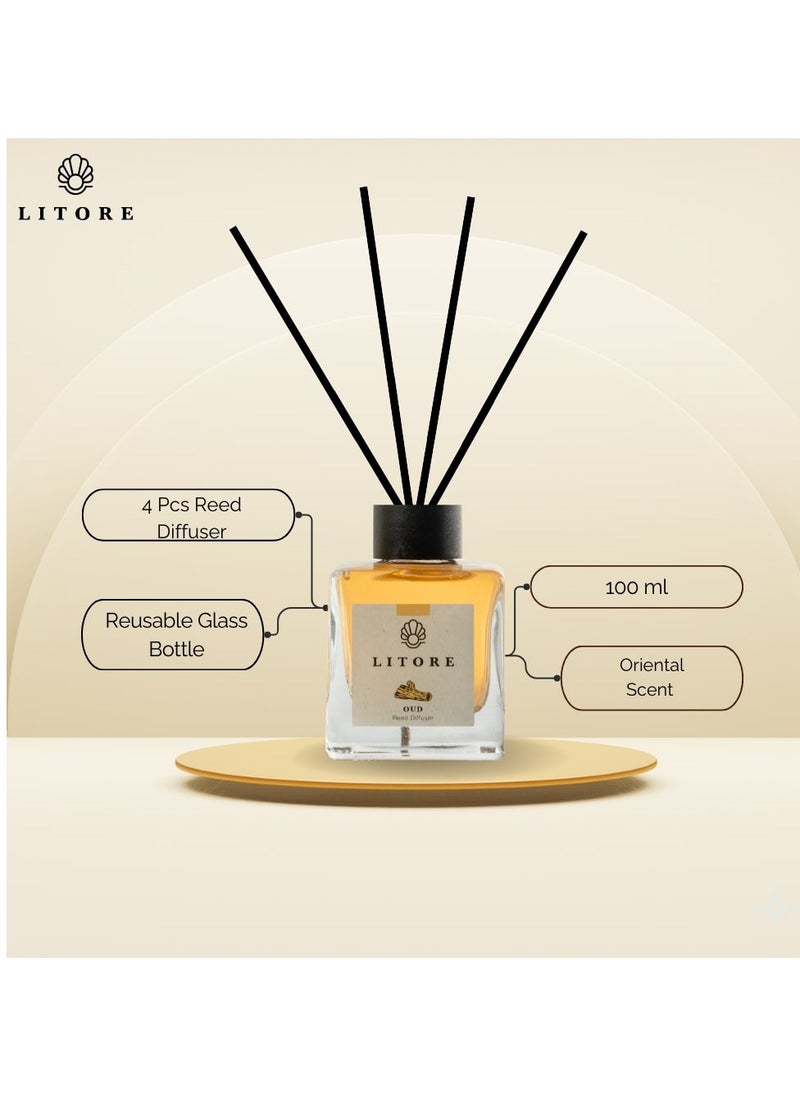 Litore Litore Reed Diffuser - Oud Fragrance, 100ml | Long-Lasting Home Fragrance | Natural & Elegant Room Diffuser  - Image 3