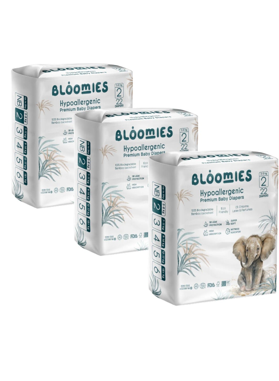 Bloomies Organic Bamboo Baby Diapers Size 2 (3-8kg baby) 66pcs (22X3) Bundle| Eco-friendly, Hypoallergenic, Non-toxic, Breathable Nappies