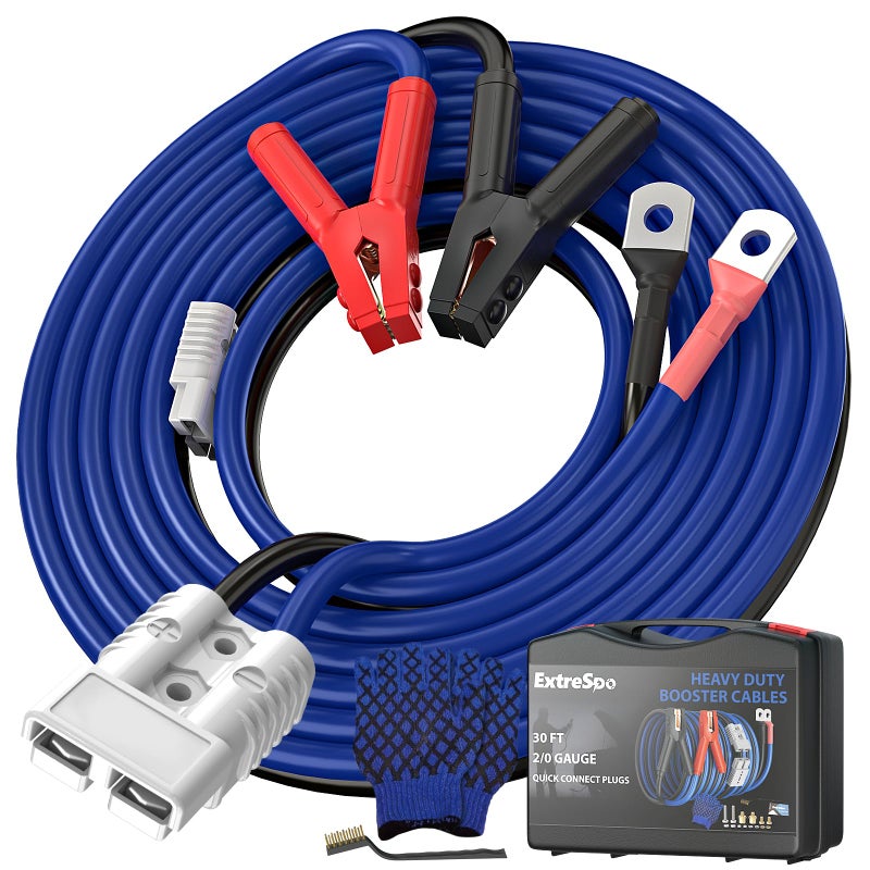 EXTRESPO 20 Gauge 30 FT Heavy Duty Jumper Cables 1500Amp Quick Connect Booster Cables for 12V 24V Cars SUVs and Trucks Kit with Carry Case Gloves Brushes