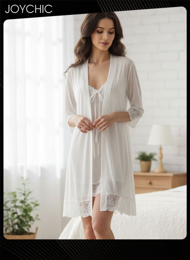 Women Comfortable Night Lace Dress Set White