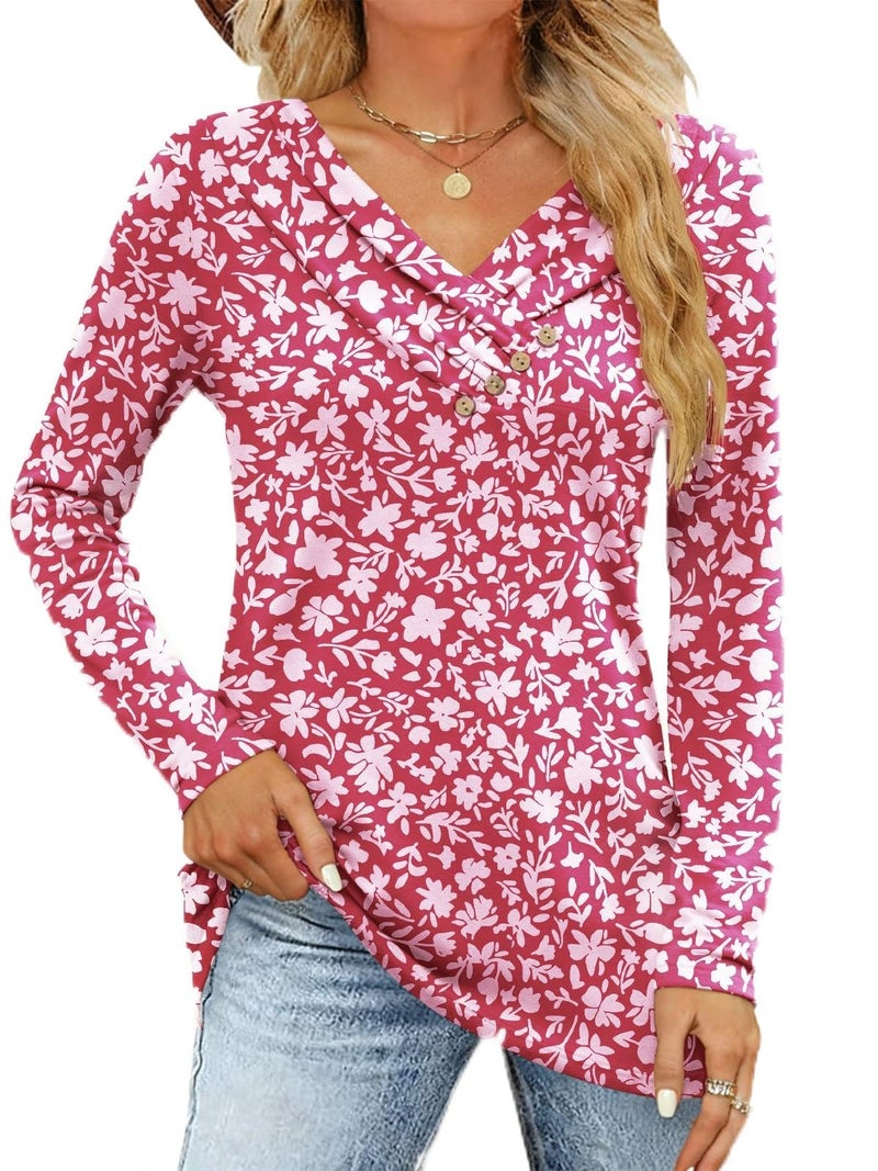 FMEYOA Women's Fall Long Sleeve Tunic Tops for Leggings Pleated V Neck Button Casual Blouse Graphic Printed Sweatshirt Red Flower - Image 1