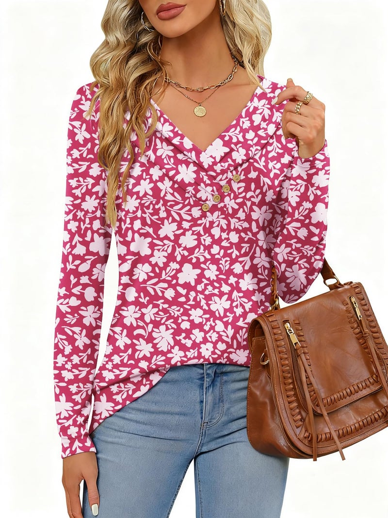 FMEYOA Women's Fall Long Sleeve Tunic Tops for Leggings Pleated V Neck Button Casual Blouse Graphic Printed Sweatshirt Red Flower - Image 5