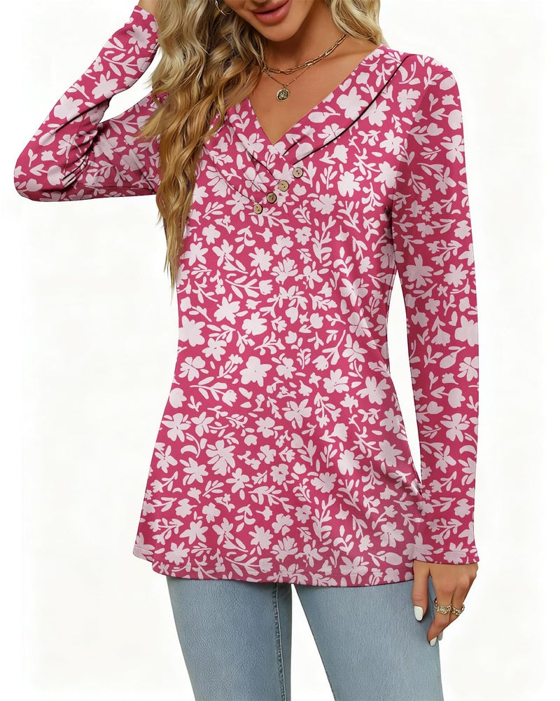 FMEYOA Women's Fall Long Sleeve Tunic Tops for Leggings Pleated V Neck Button Casual Blouse Graphic Printed Sweatshirt Red Flower - Image 4