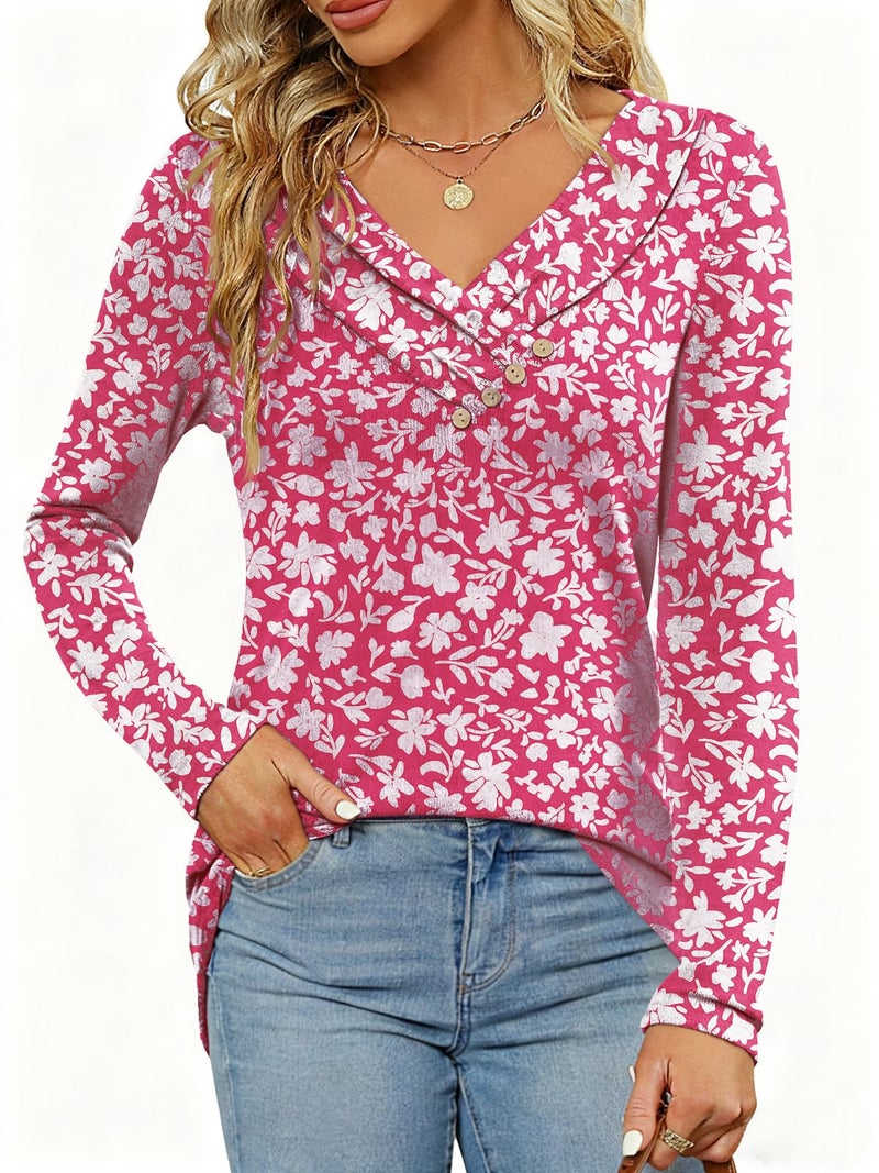 FMEYOA Women's Fall Long Sleeve Tunic Tops for Leggings Pleated V Neck Button Casual Blouse Graphic Printed Sweatshirt Red Flower - Image 2