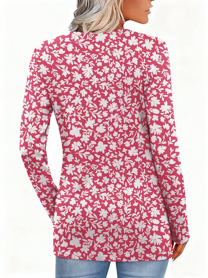 FMEYOA Women's Fall Long Sleeve Tunic Tops for Leggings Pleated V Neck Button Casual Blouse Graphic Printed Sweatshirt Red Flower - Image 3