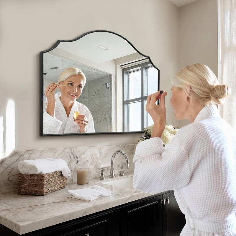 Besdomus Scalloped Arched Mirror for Mantel: 35"x26" Black Modern Wooden Wall Mirror - Minimalist Decorative Dresser Mirrors for Vanity/Bathroom/Bedroom/Fireplace/Living Room/Entryway - Image 3