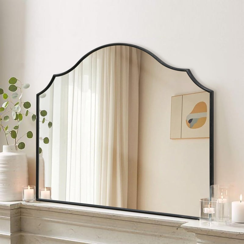 Besdomus Scalloped Arched Mirror for Mantel: 35"x26" Black Modern Wooden Wall Mirror - Minimalist Decorative Dresser Mirrors for Vanity/Bathroom/Bedroom/Fireplace/Living Room/Entryway - Image 1