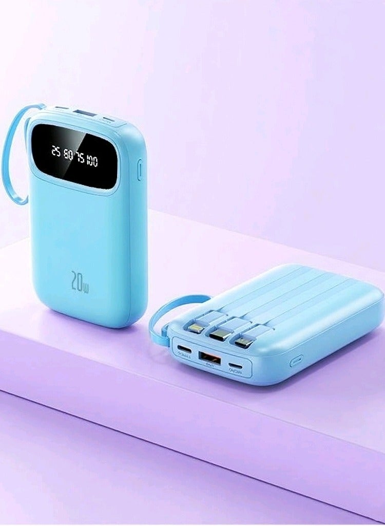 New Digital Display Large Capacity 20000 Mah Power Bank With Built-in Charging Cable Mini Power Bank (Blue)  - Image 2