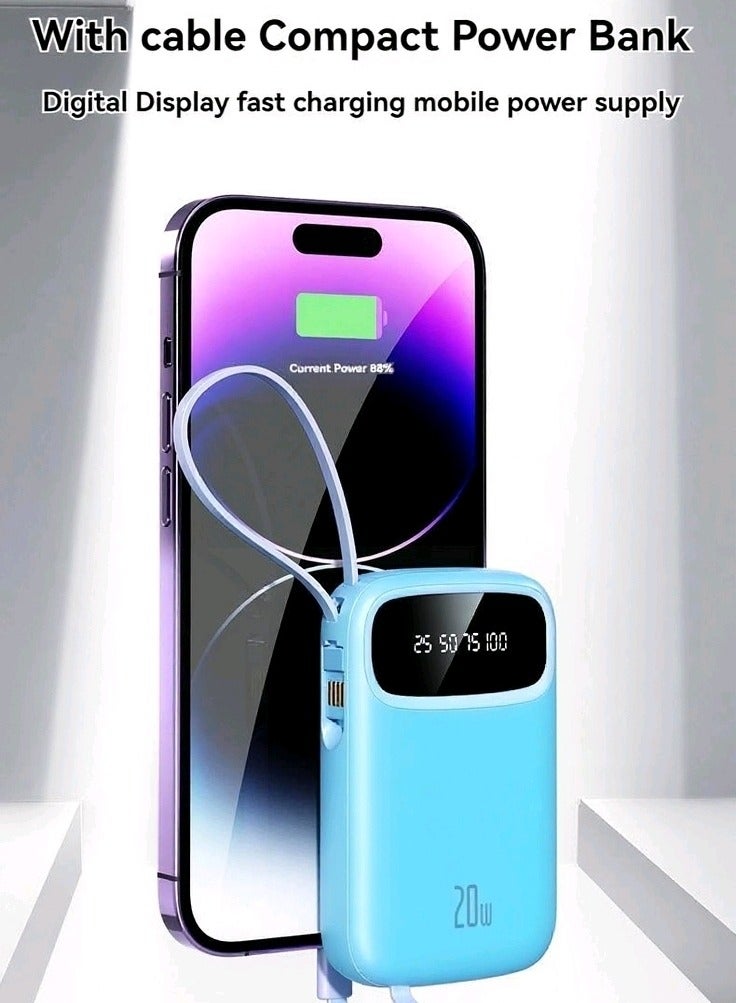 New Digital Display Large Capacity 20000 Mah Power Bank With Built-in Charging Cable Mini Power Bank (Blue)  - Image 3