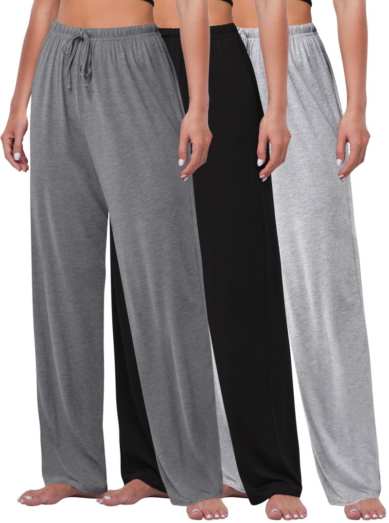 FEQO 3 Pack Women's Lounge Pants Wide Leg Yoga Pants Soft Pajama Bottoms Drawstring Casual Loose Sweatpants, XL(Black, Dark Gray, Gray) - Image 1