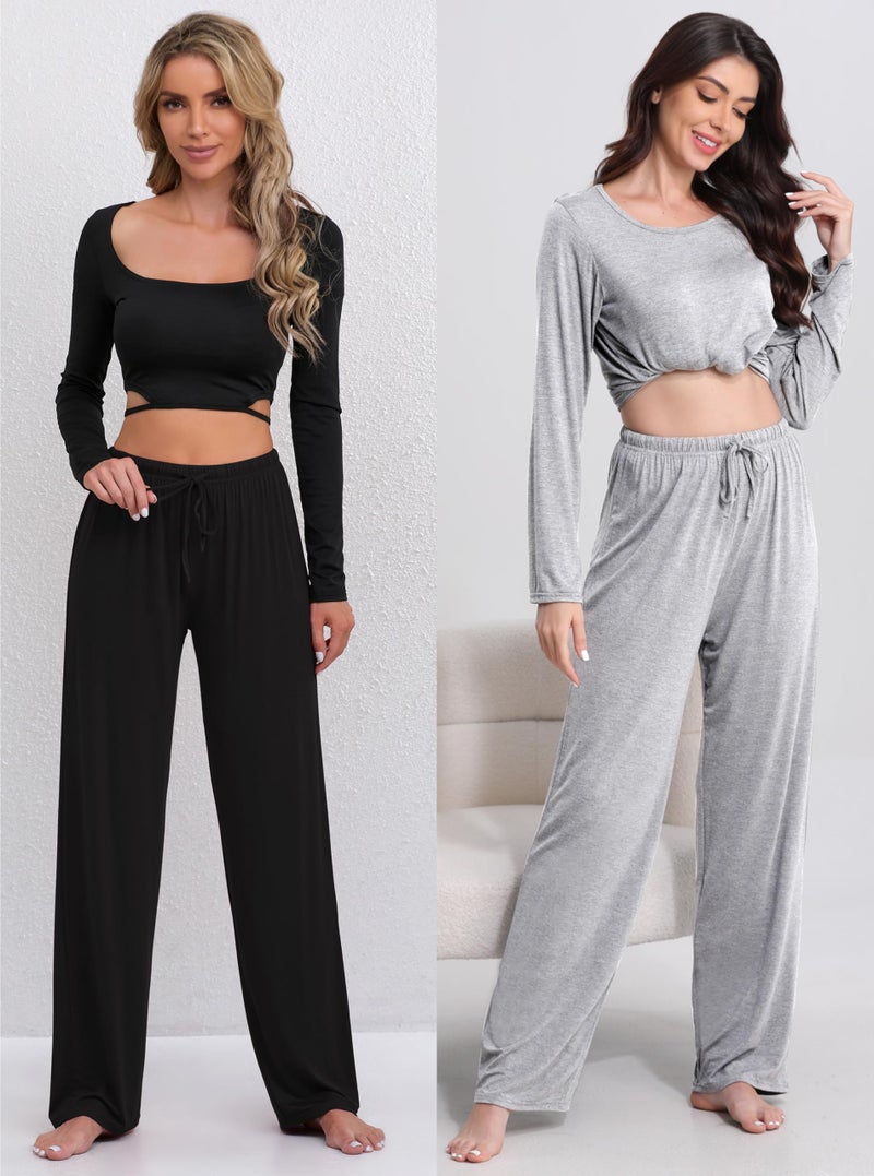 FEQO 3 Pack Women's Lounge Pants Wide Leg Yoga Pants Soft Pajama Bottoms Drawstring Casual Loose Sweatpants, XL(Black, Dark Gray, Gray) - Image 5