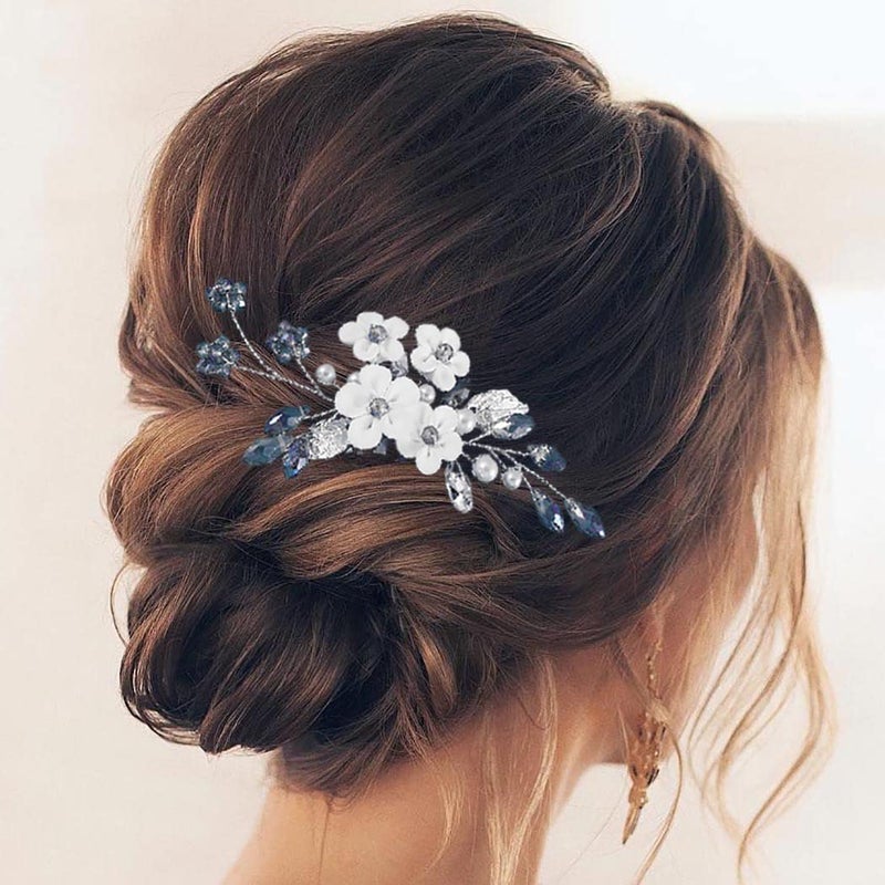 Earent Bride Wedding Flower Hair Comb Blue Crystal Hair Piece Bridal Hair Accessories Wedding Leaf Side Combs for Women