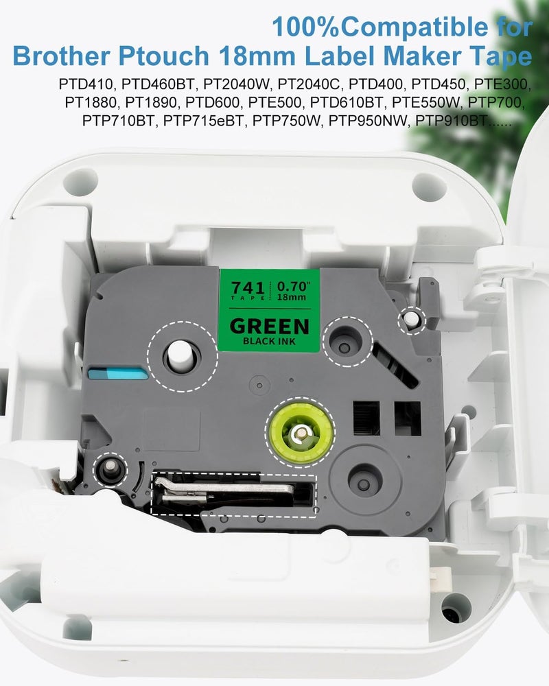 Absonic 3-Pack 18mm 0.7" Black on Green Label Tape Compatible for Brother Tze-741 Tze741 Tz-741 Tz741 3/4" P Touch Tze Tz Tape 18mm Green Label Maker for PTD410 PTD460 PTD610BT PTD400 PTP710BT PTP700 - Image 3