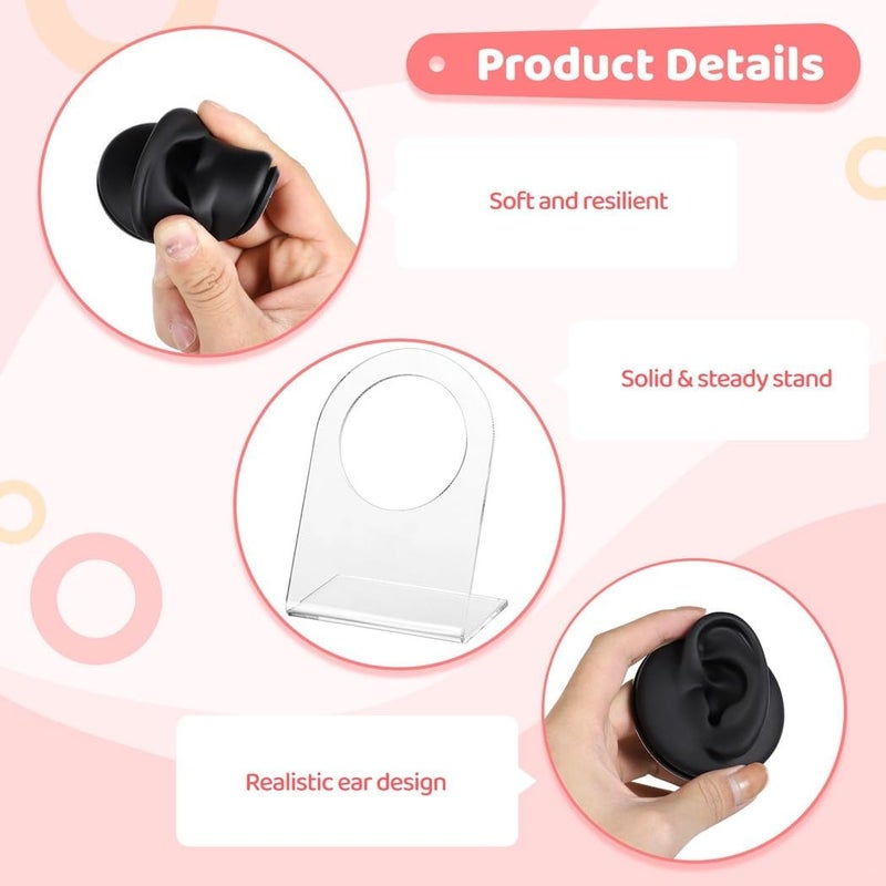 Piercing Exercise, Earrings Jewelry Display, Silicone Flexible Ear Models, 1 Pair Reused Soft Ear Molds, Rubber Imitation Ears With Acrylic Stands - Image 2