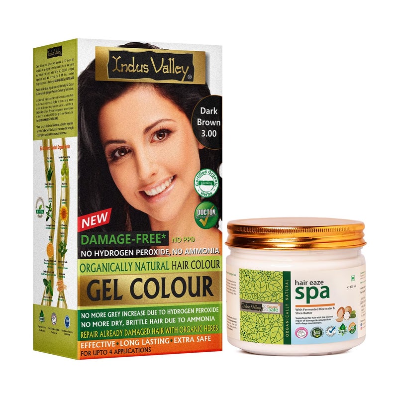 INDUS VALLEY Organically Natural Damage Free Colour Gel Dark Brown Hair Colour 30 Ammonia Free with Deep Nourishing Hair Eaze Spa 20g 200ml 175ml - Image 1