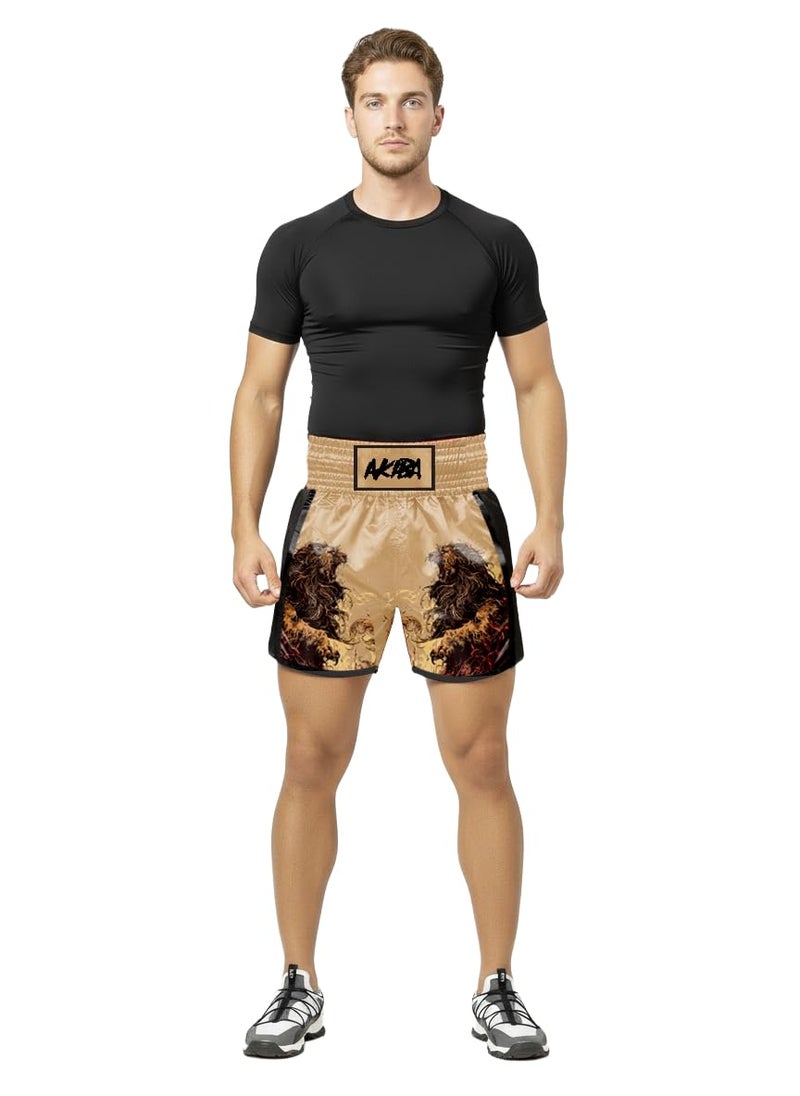 AKIBA Muay Thai Classic Boxing Shorts for Men and Women (Gold, S)| MMA BJJ Kick Boxing Grappling Training Shorts | Satin Polyester Relaxed Fit Above Knee | Low Rise Sports Fighting Wear - Image 1