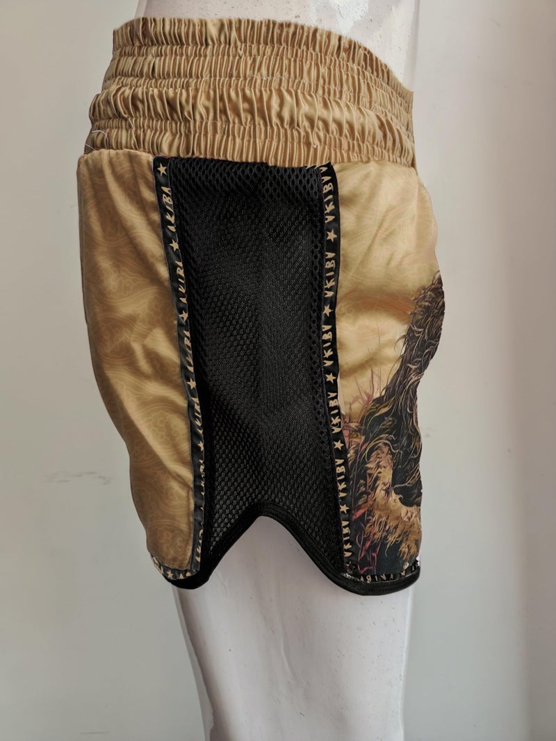 AKIBA Muay Thai Classic Boxing Shorts for Men and Women (Gold, S)| MMA BJJ Kick Boxing Grappling Training Shorts | Satin Polyester Relaxed Fit Above Knee | Low Rise Sports Fighting Wear - Image 3