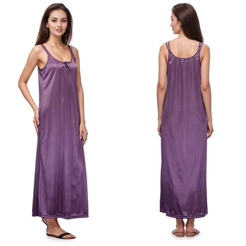 Ananqe Women's Satin Short Nighty & Long Nightdress Combo Set for Women's Nightwear Purple - Image 2