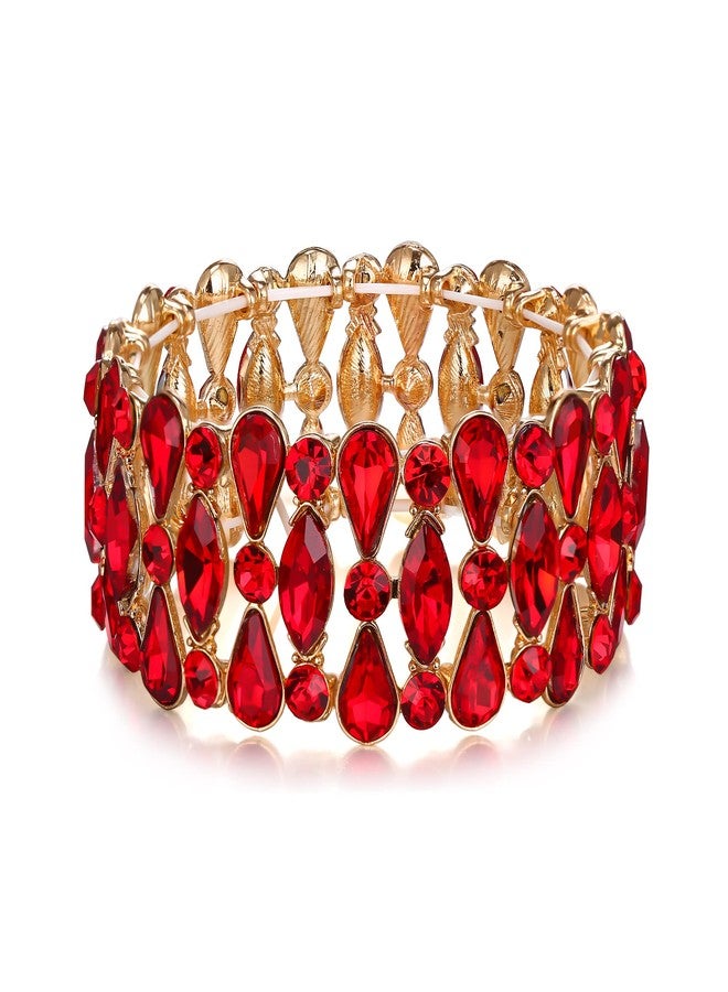 BriLove Wedding Bridal Teardrop Rhinestones Cluster Stretch Bangle Bracelet for Bride Ruby Color Gold-Tone - Image 1