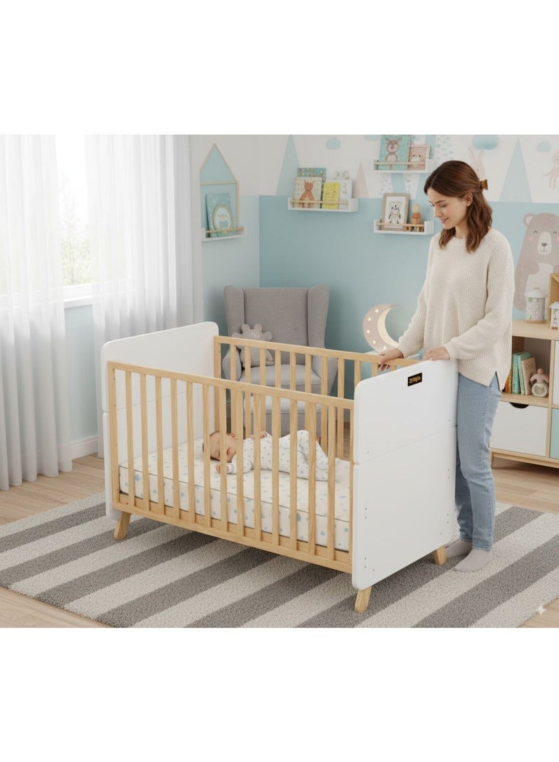 Zrafh Wooden Baby Crib convert to Toddler Bed - White/Brown - Image 4
