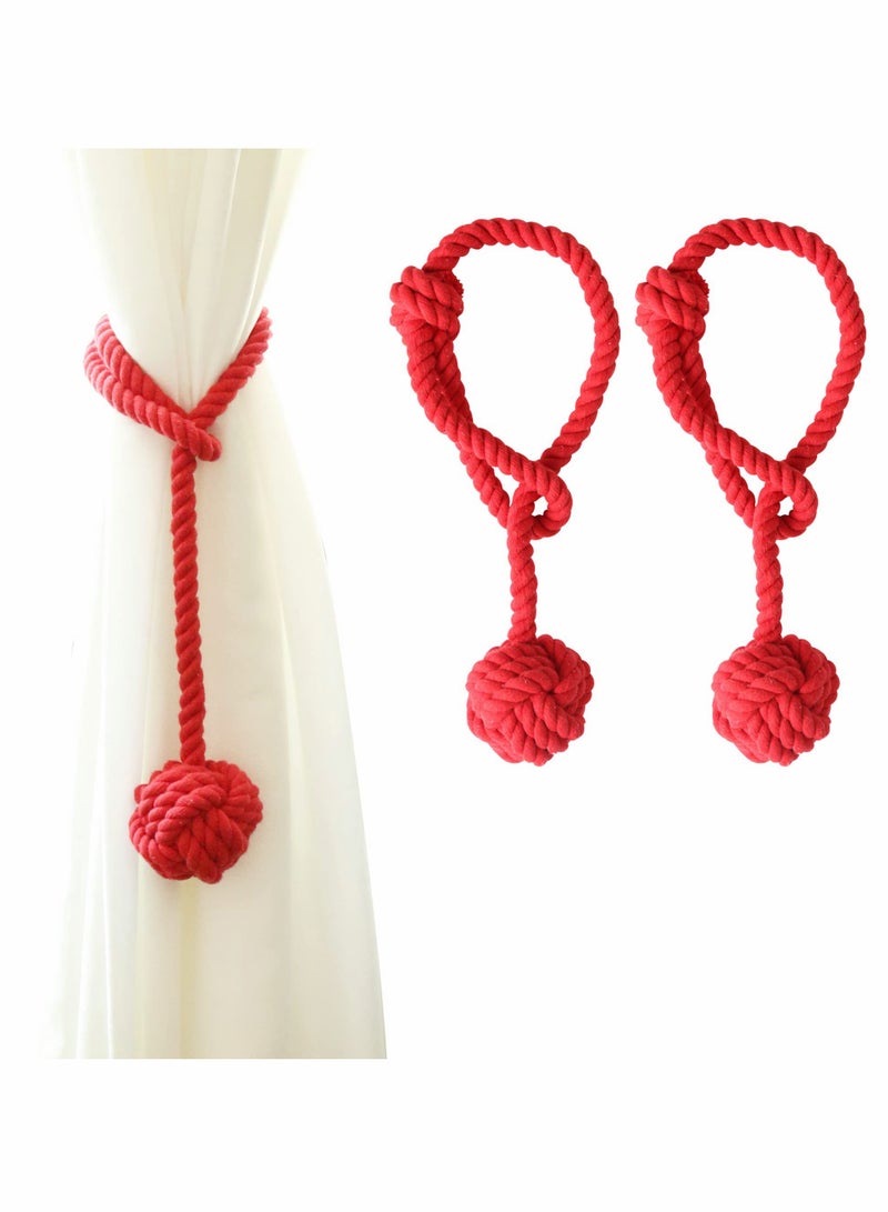 Curtain Tiebacks with Big Woven Ball, Outdoor Curtain Tiebacks, Cotton Hand Woven Decorative Tie Backs for Drapes (Red, 2 PCS) - Image 1