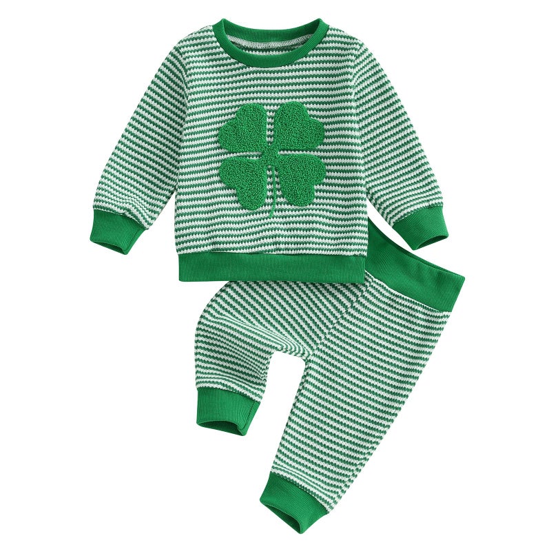 Karuedoo Infant Toddler Baby Boy Girl St Patricks Day Outfit Clover Embroidery Stripe Long Sleeve Sweatshirt and Pants Set (Four Leaf Clover Green, 2-3T) - Image 1