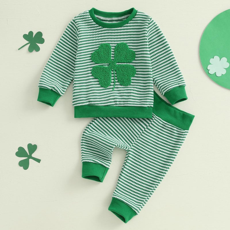 Karuedoo Infant Toddler Baby Boy Girl St Patricks Day Outfit Clover Embroidery Stripe Long Sleeve Sweatshirt and Pants Set (Four Leaf Clover Green, 2-3T) - Image 2