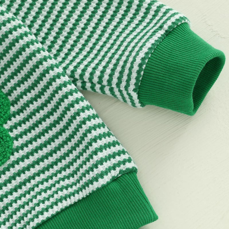 Karuedoo Infant Toddler Baby Boy Girl St Patricks Day Outfit Clover Embroidery Stripe Long Sleeve Sweatshirt and Pants Set (Four Leaf Clover Green, 2-3T) - Image 5
