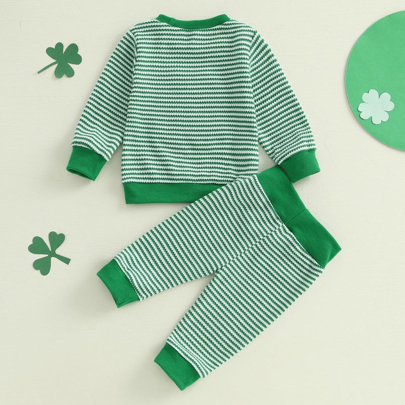 Karuedoo Infant Toddler Baby Boy Girl St Patricks Day Outfit Clover Embroidery Stripe Long Sleeve Sweatshirt and Pants Set (Four Leaf Clover Green, 2-3T) - Image 3