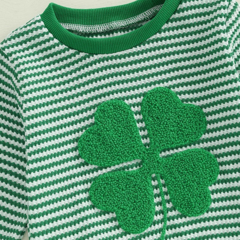 Karuedoo Infant Toddler Baby Boy Girl St Patricks Day Outfit Clover Embroidery Stripe Long Sleeve Sweatshirt and Pants Set (Four Leaf Clover Green, 2-3T) - Image 4