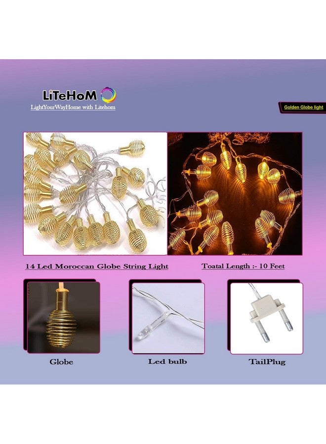 Litehom ضوء خيوط عيد الميلاد ليت هوم المغربي 11 قدم 14 لمبة LED لتزيين المنزل للإضاءة في ديوالي، الحديقة الخارجية، الفناء، شجرة عيد الميلاد، الحفلات، تزيين المنزل (14 كرة ربيعية ذهبية) - Image 2