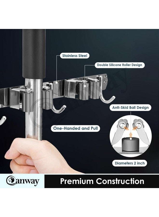 CANWAY® 2 Piece Stainless Steel 3 Racks with 4 Hooks Heavy Duty Wall Mounted Broom and Mop Stick Holder, Hanging Tools for Home Kitchen Garden Laundry Garage - Image 3
