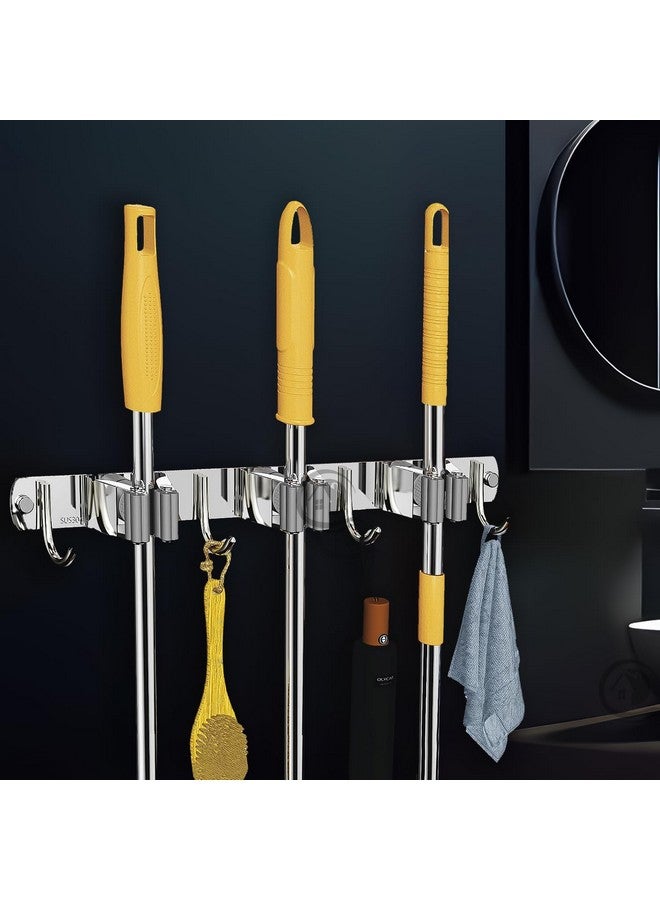 CANWAY® 2 Piece Stainless Steel 3 Racks with 4 Hooks Heavy Duty Wall Mounted Broom and Mop Stick Holder, Hanging Tools for Home Kitchen Garden Laundry Garage - Image 1