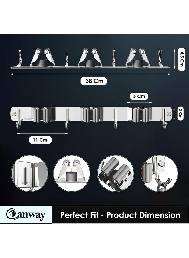 CANWAY® 2 Piece Stainless Steel 3 Racks with 4 Hooks Heavy Duty Wall Mounted Broom and Mop Stick Holder, Hanging Tools for Home Kitchen Garden Laundry Garage - Image 2
