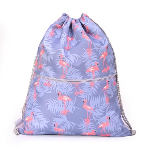 Lify Drawstring Backpack Water Resistant String Bag Sports Sackpack Gym Sack with Side Pocket for Men Women - 1Piece (Light Grey- Flamingo) - Image 1