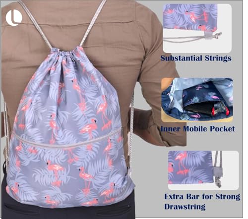 Lify Drawstring Backpack Water Resistant String Bag Sports Sackpack Gym Sack with Side Pocket for Men Women - 1Piece (Light Grey- Flamingo) - Image 3