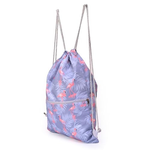 Lify Drawstring Backpack Water Resistant String Bag Sports Sackpack Gym Sack with Side Pocket for Men Women - 1Piece (Light Grey- Flamingo) - Image 5