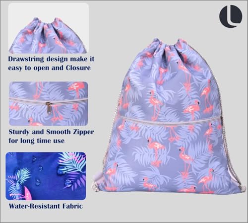 Lify Drawstring Backpack Water Resistant String Bag Sports Sackpack Gym Sack with Side Pocket for Men Women - 1Piece (Light Grey- Flamingo) - Image 4