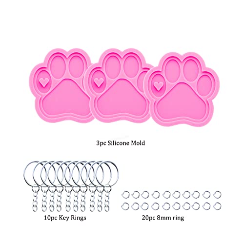 AMZTOART 3pc Shiny Paw with Heart Resin Silicone Mold, Dog Paw Print Keychain Mould Crafts Epoxy Resin with 10PC Key Ring(DY0292+DY0292+DY0292) - Image 2