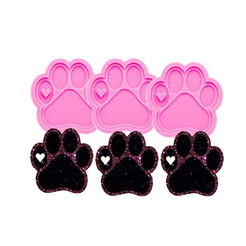 AMZTOART 3pc Shiny Paw with Heart Resin Silicone Mold, Dog Paw Print Keychain Mould Crafts Epoxy Resin with 10PC Key Ring(DY0292+DY0292+DY0292) - Image 3