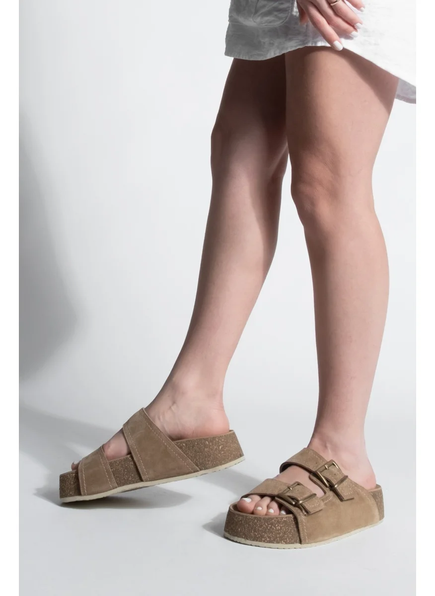 MARJIN Women's Leather Double-Strap Cork Sole Olive Suede Casual Slippers Roneta