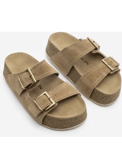 MARJIN Women's Leather Double-Strap Cork Sole Olive Suede Casual Slippers Roneta  - Image 3