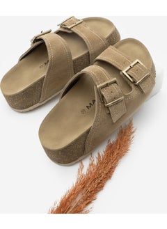 MARJIN Women's Leather Double-Strap Cork Sole Olive Suede Casual Slippers Roneta  - Image 1