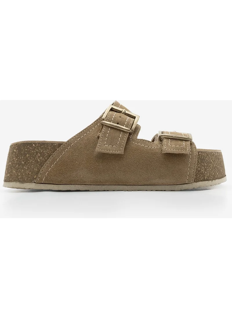 مارجين Women's Leather Double-Strap Cork Sole Olive Suede Casual Slippers Roneta