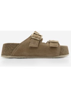 MARJIN Women's Leather Double-Strap Cork Sole Olive Suede Casual Slippers Roneta  - Image 2
